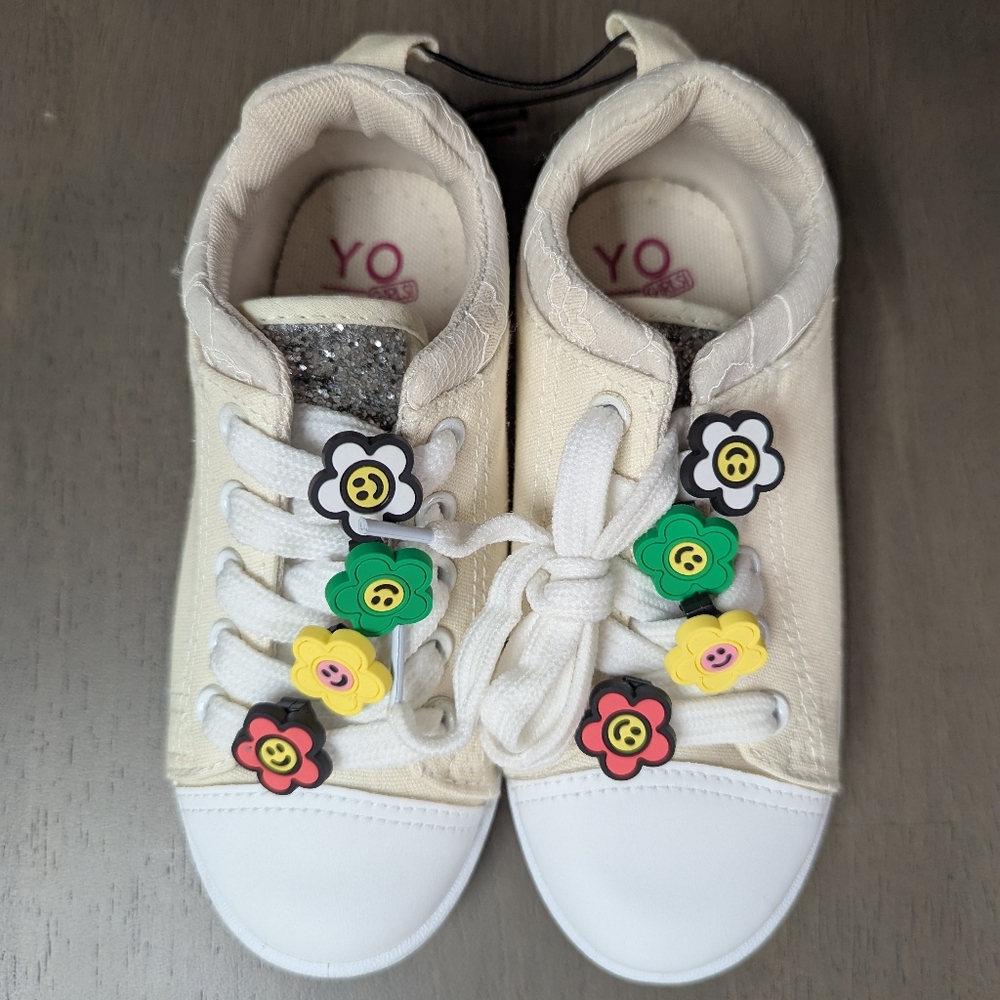 Kids Cream and White Sneakers with Colorful Flower Smiley Charm Accents